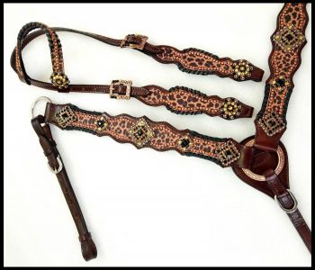 Showman Dark Oil One Ear Headstall &amp; Breast collar set with cheetah print inlay #2